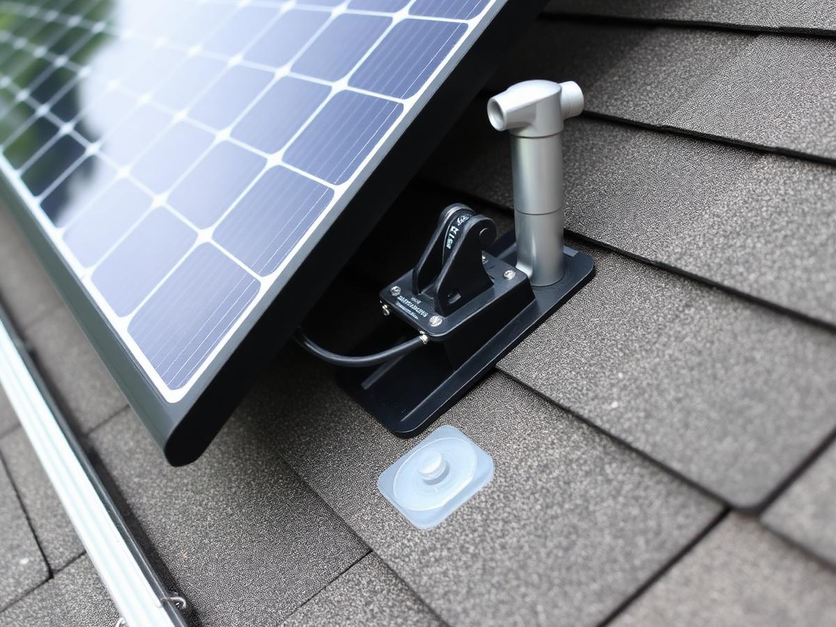 Close-up of watertight solar panel mounting hardware on a shingle roof