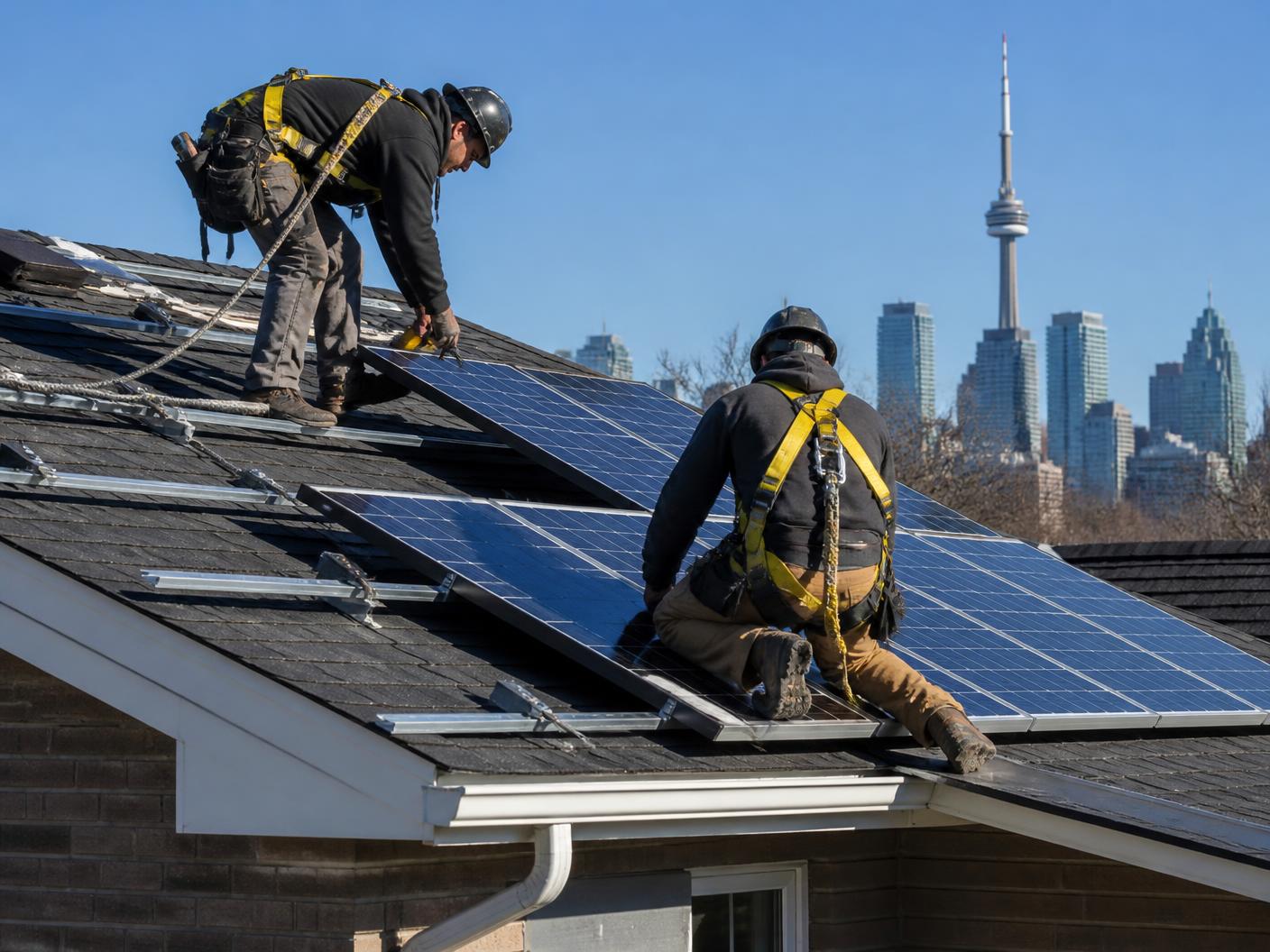 As Builders crew installing rooftop solar panels on a Toronto home
