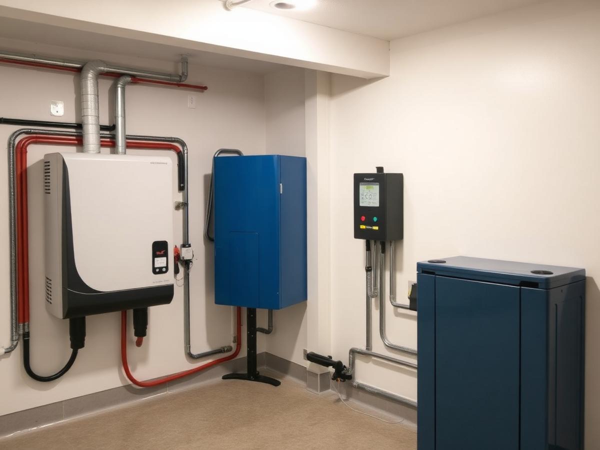 Solar inverter and home battery storage installed in a basement mechanical room